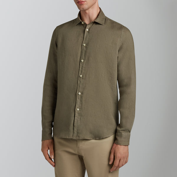 Garment-dyed linen olive drab shirt