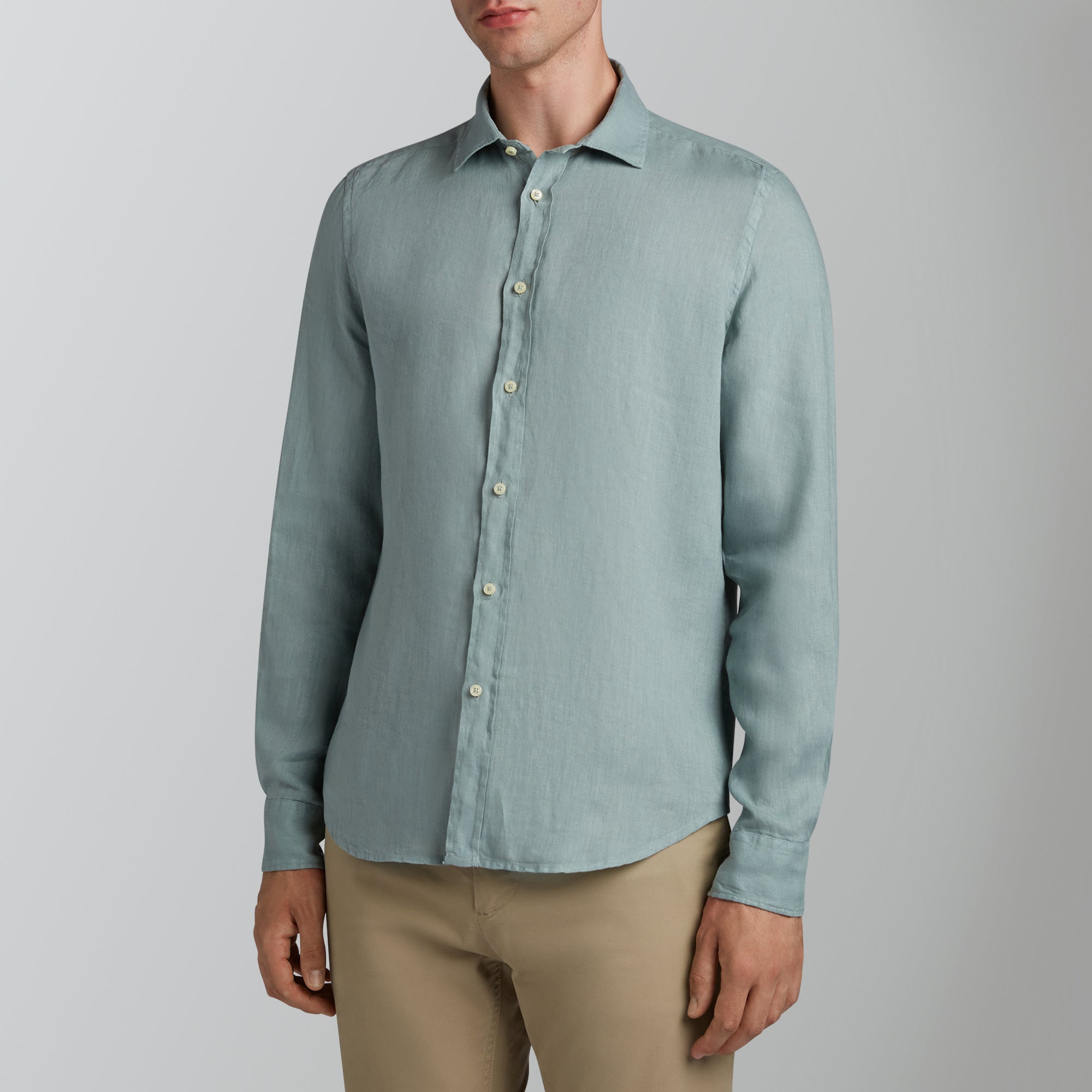Garment-dyed linen sage shirt – www.store.womostore.com